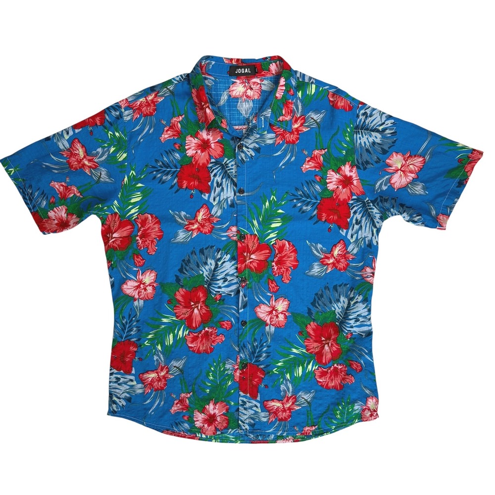 JOGAL Mens Blue Hawaiian Shirt XL Hibiscus Tropical Bold Loud Festival  Vacation